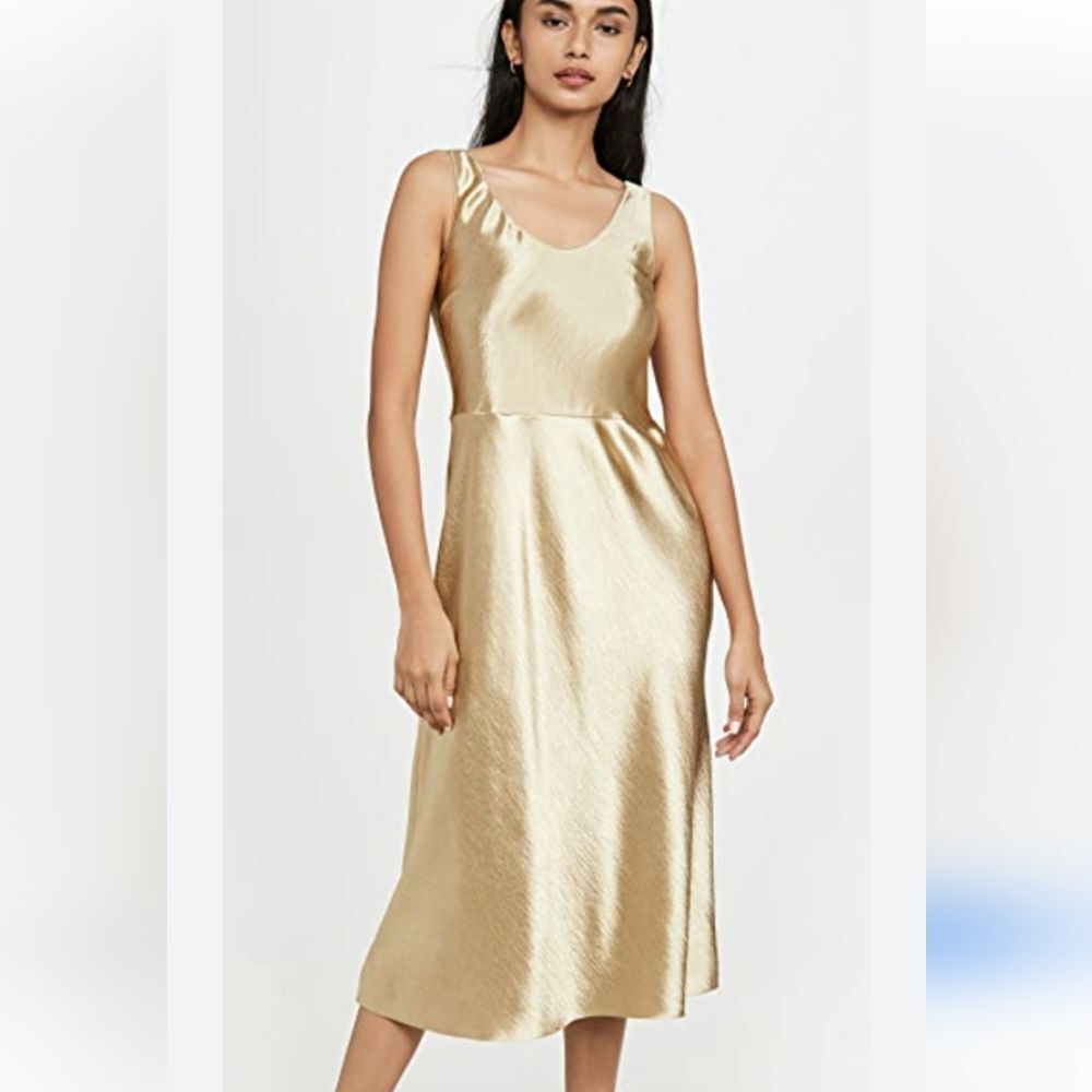 Vince Dress Size 0 Gold Satin Metallic Fluster Stretch Midi